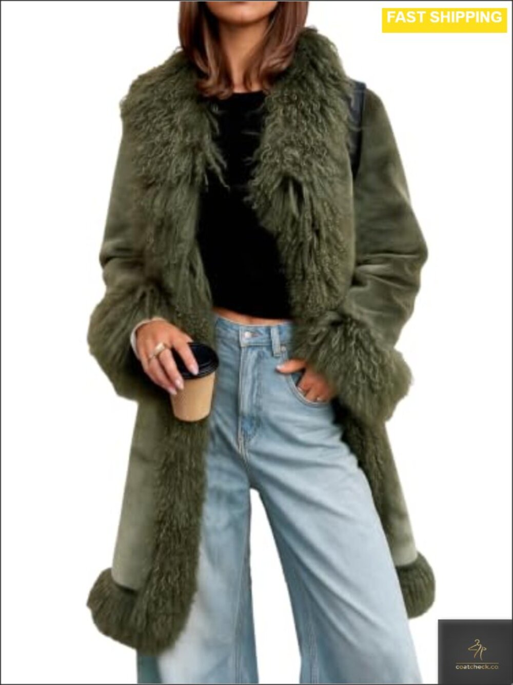 Faux Fur Long Coat Button Fuzzy Trim Winter Outerwear